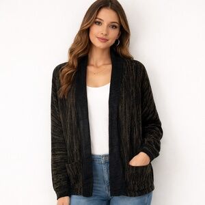 Lynn Yarrington Chenille Cardigan Small Black Gold Open Front Pockets